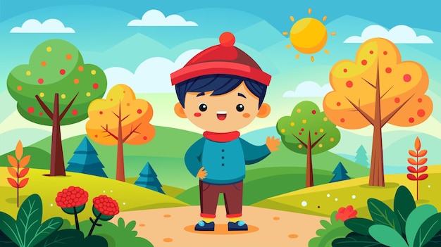Счастливый мальчик из мультфильма приветствует в красочном осеннем пейзаже