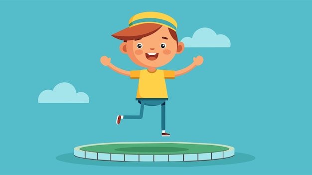 Happy cartoon boy jumping on a trampoline with joy