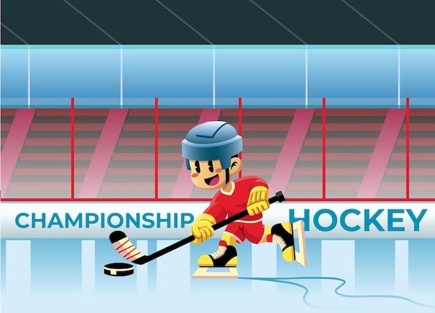 Happy Cartoon Boy Kid Playing Hockey Game in Stadium