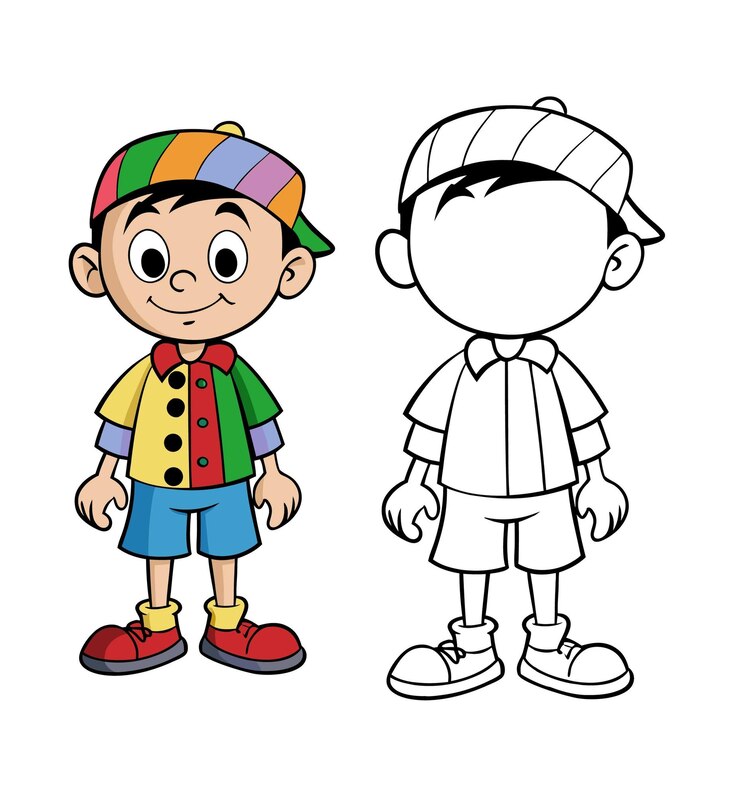 Vector カラフルな服とキャップをかぶったハッピー・カートゥーン・ボーイ