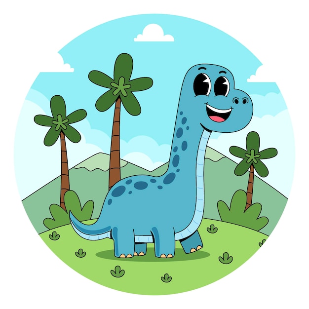 happy cartoon brontosaurus in a prehistoric landscape