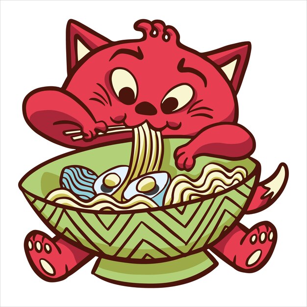 Happy cartoon cat eating ramen