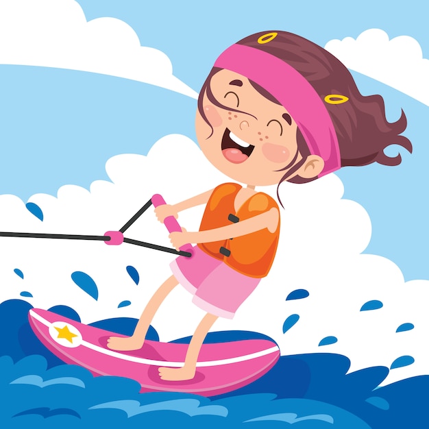 Personaggio dei cartoni animati felice che pratica il surfing in mare