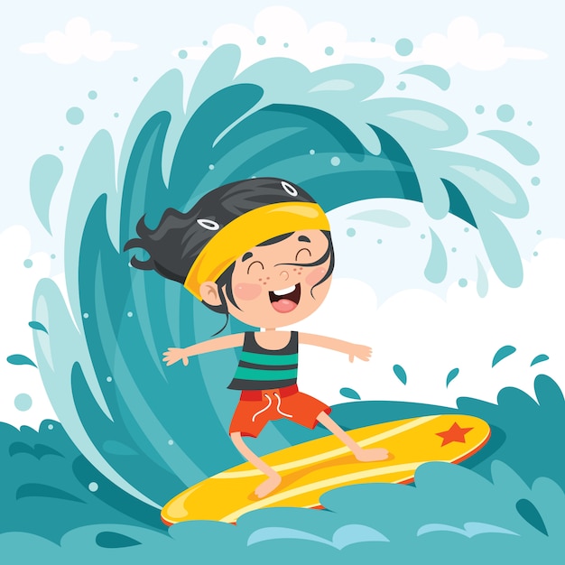 Happy cartoon character surfing at sea