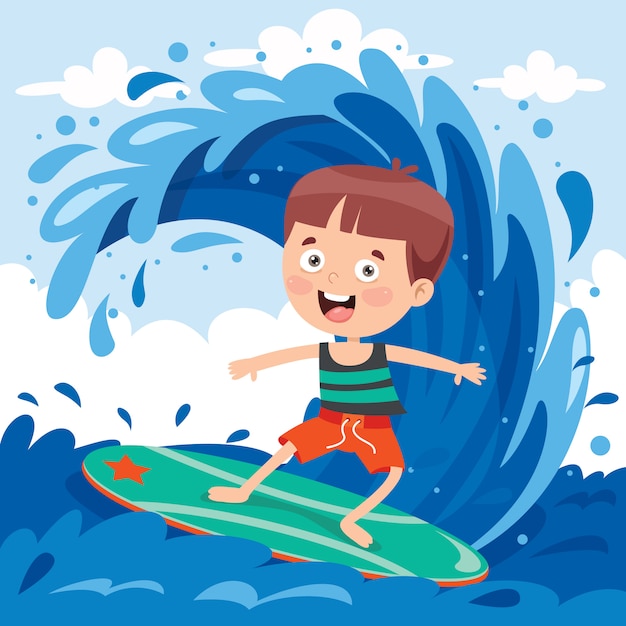 海でサーフィン幸せな漫画のキャラクター