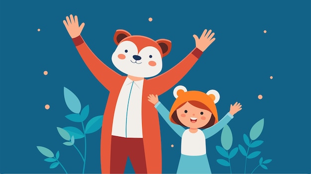 Happy cartoon characters dressed as bears waving joyfully