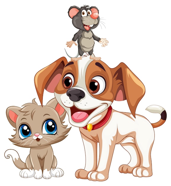 Vector happy cartoon characters friendly rat dog and cat