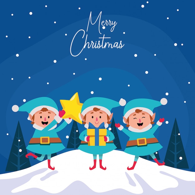 Happy cartoon christmas elfs with star and gift box over winter night , colorful  ,  illustration