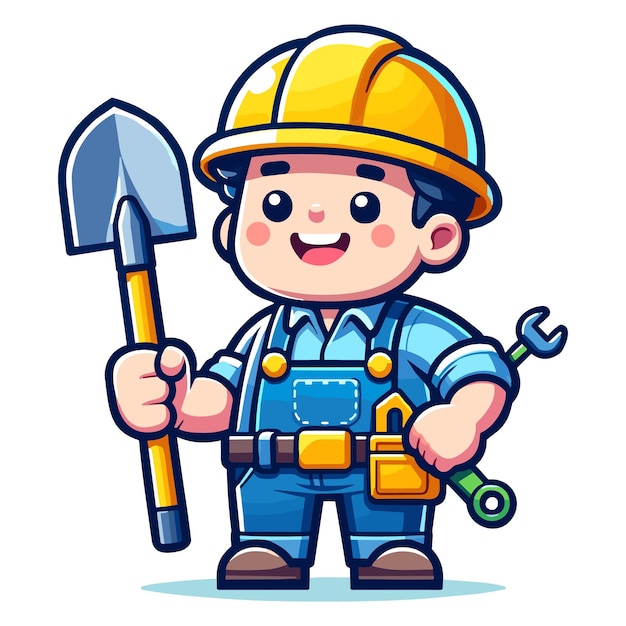 Vector happy cartoon construction worker with shovel and tool belt illustration