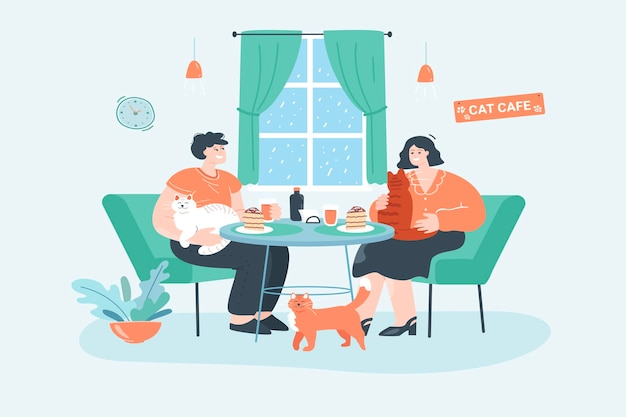 Happy cartoon couple fondling adorable cats in cafe. cute scene with young man and woman sitting at table with pets flat vector illustration. pet therapy, cat cafe concept for banner, website design