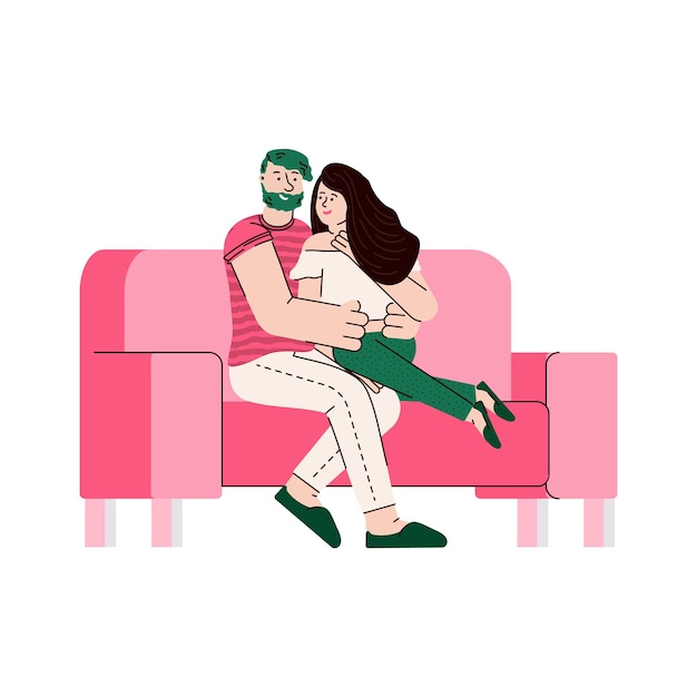 Happy cartoon couple hugging on a sofa