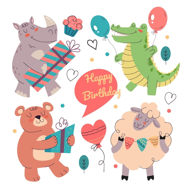Happy cartoon dieren houden geschenkdoos en decoratie en feliciteren met Happy Birthday