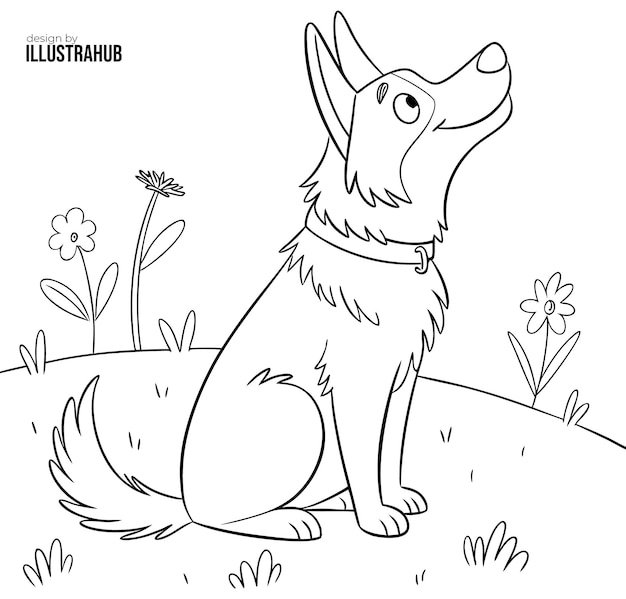 A happy cartoon dog sitting and looking up at the sky surrounded by flowers and grass