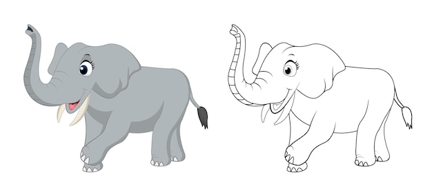 라인 아트가 있는 행복한 만화 코끼리, 코끼리 스케치 색상은 흰색 배경에 격리된 페이지가 적습니다.