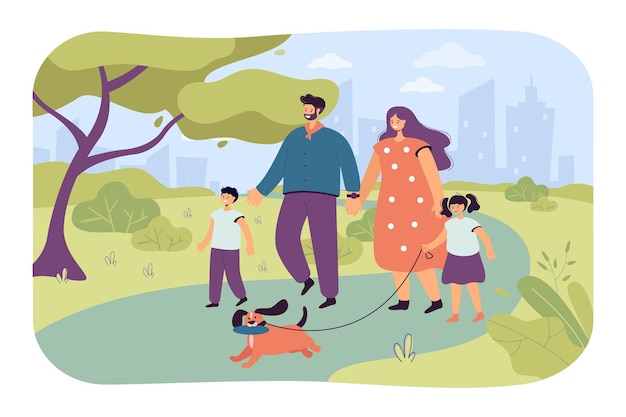 Happy cartoon familie wandelende hond in park samen. platte vectorillustratie