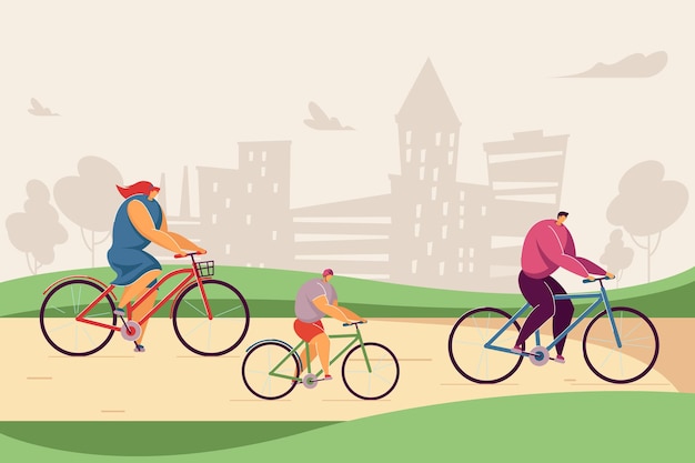 Счастливая мультипликационная семья, езда на велосипедах вместе в парке. Плоские векторные иллюстрации. Мать, отец и ребенок в шлеме во время мероприятий на свежем воздухе в фоне города. Семья, досуг, концепция здорового образа жизни