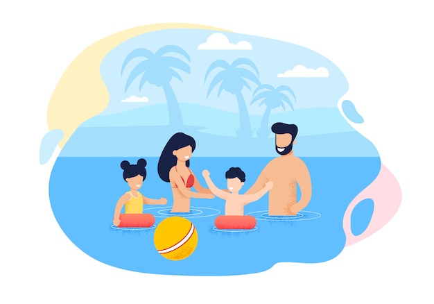 Vector happy cartoon family swimming in sea or ocean