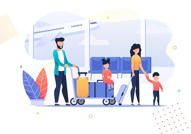 Happy cartoon family travel attività in aeroporto