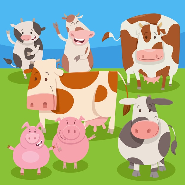 Happy cartoon farm animal characters in the countryside