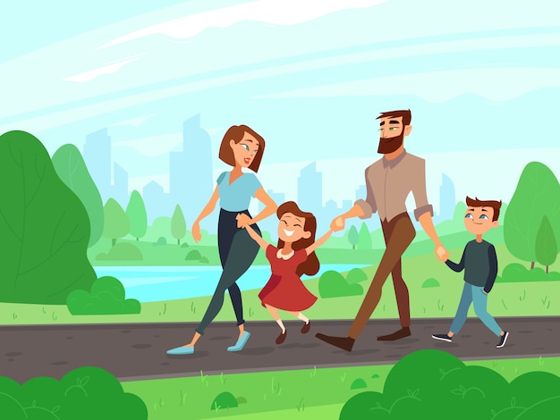 Vettore happy cartoon padre, madre, fratello e sorella al parco estivo nel fine settimana.