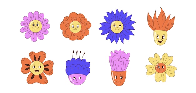 Happy cartoon flowers set