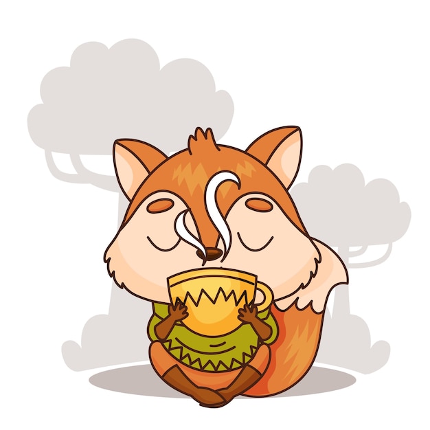happy cartoon fox with a cup of coffee or tea vector