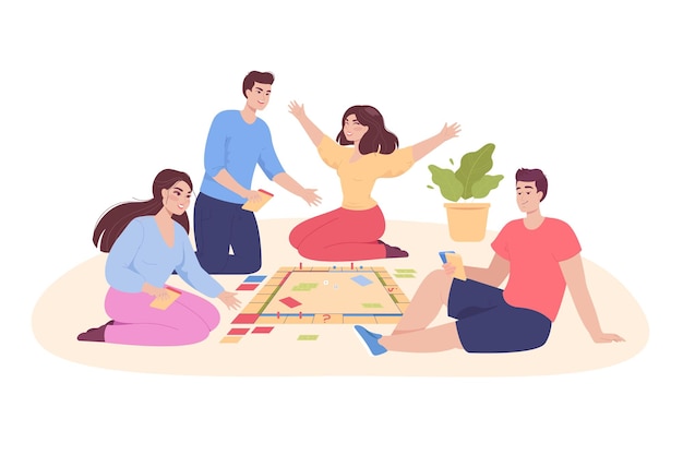 Happy cartoon friends playing board game on floor at home