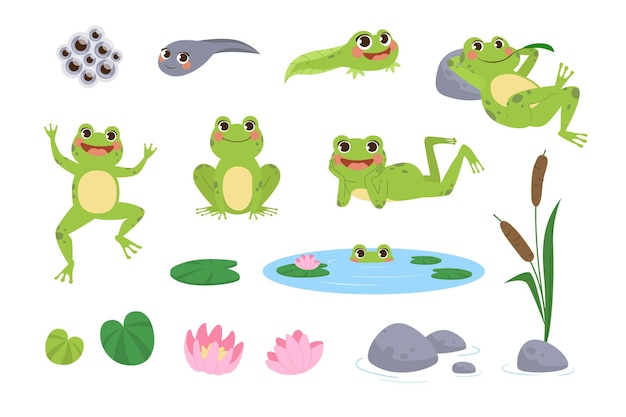 Набор иллюстраций счастливых мультяшных лягушек