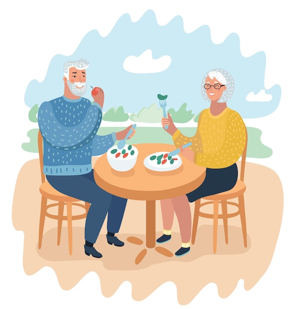 Happy cartoon grandparentselderly couple at a cafe eating sushi