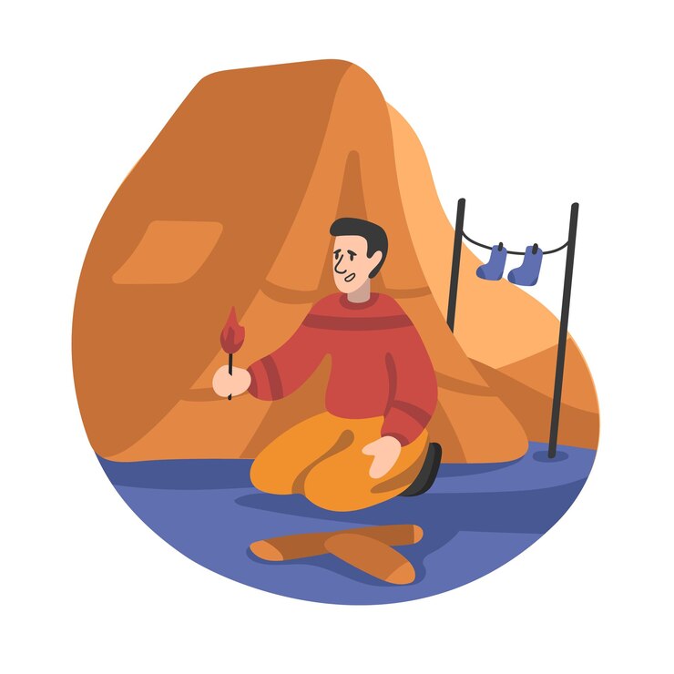 Vector happy cartoon guy lights fire by tent young people enjoying camping process of traveling in mountains and forest with backpack tourist outdoor scene vector