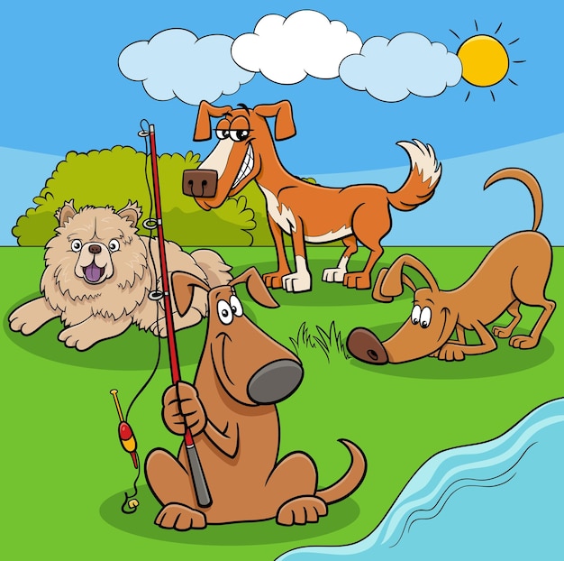 Happy cartoon honden en puppy's karakters buiten