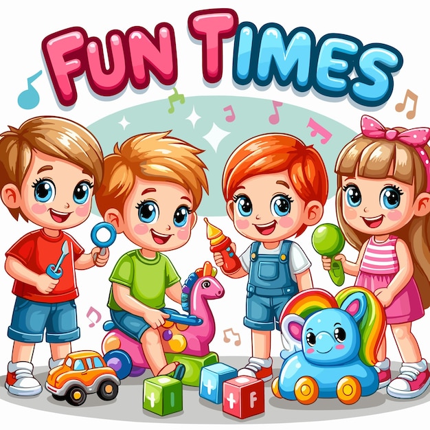 Happy cartoon kids playing vector illustration children playful moment