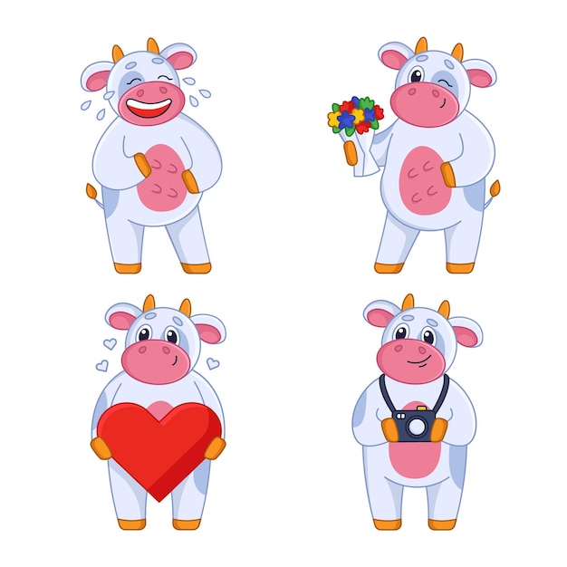 Happy cartoon koe set huisdier lachen met camera bloemen en hart