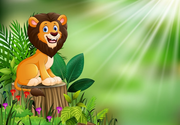 Вектор Счастливый мультфильм лев, сидя на пень с зелеными растениями