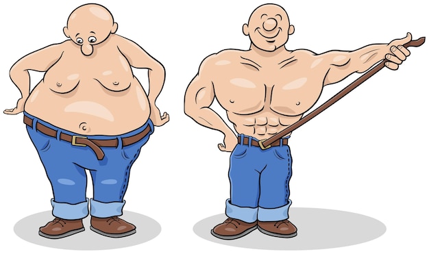 Vector happy cartoon man loosing weight humorous illustration