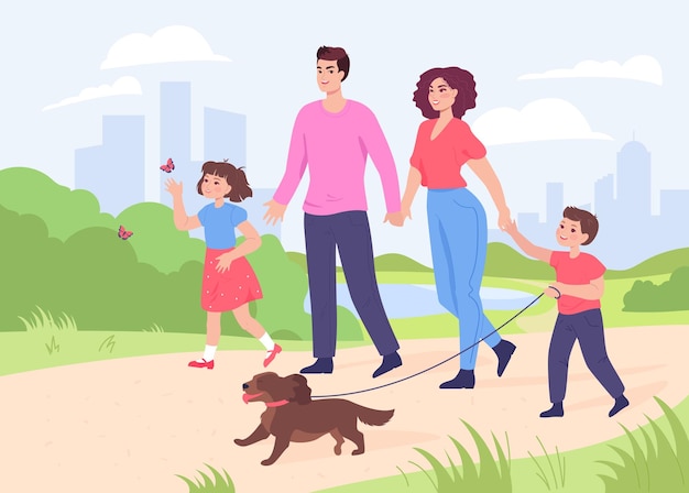 Vector happy cartoon mom, dad and children walking dog together. father, mother and kids with puppy in park flat vector illustration. family, love, pets, outdoor activity concept for banner, website design