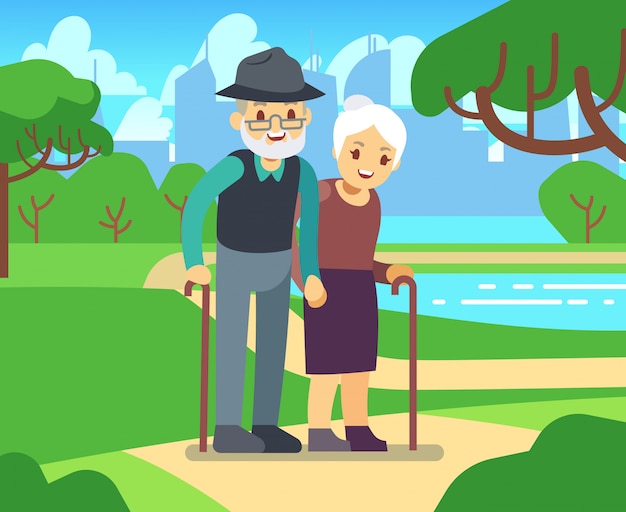 Happy cartoon older female in love outdoors. Old couple in park vector illustration