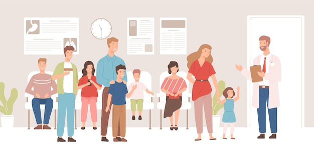 happy cartoon patients in doctor waiting room vector flat illustration. smiling people character visitors of modern medical clinic. male physician, men, women and children at hospital interior.