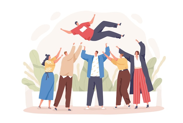 Happy cartoon people toss up person celebrating success vector flat illustration. Group of positive friends celebrate victory achievement together isolated on white. Joyful team congratulation male.