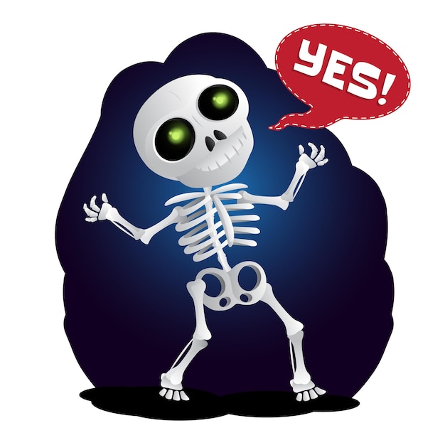 Happy cartoon skeleton raises his hands in the air. vector illustration to happy halloween isolated on white background