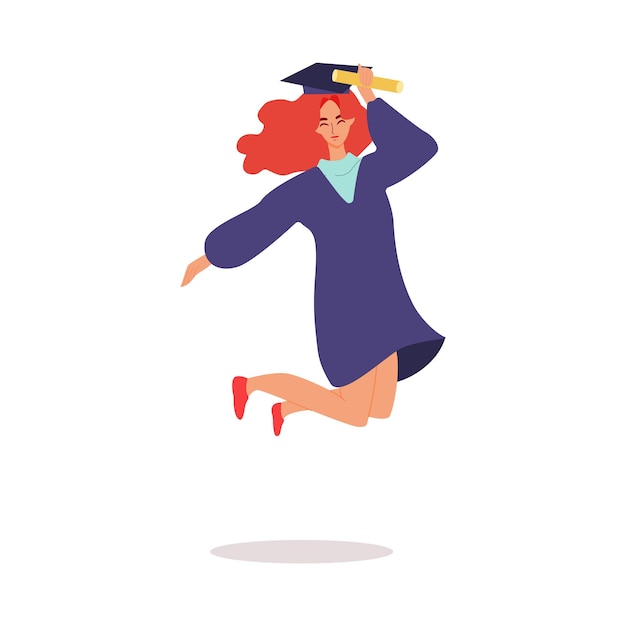 Vector happy cartoon student in graduation cap jumping and holding education papers scroll