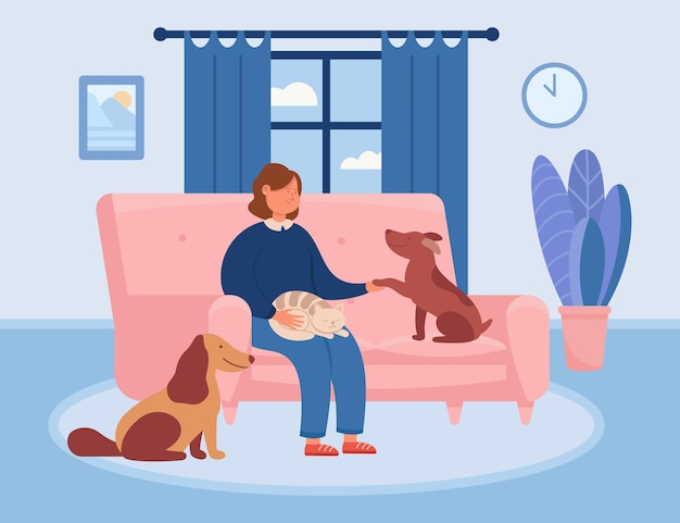 Happy cartoon woman relaxing on couch with pets at home