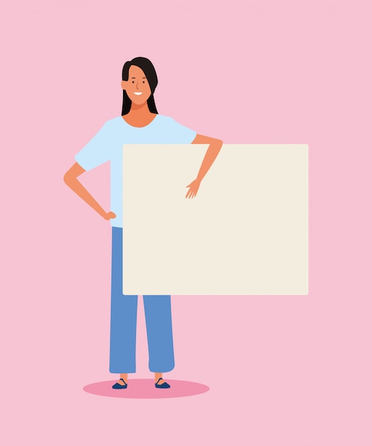 Vector happy cartoon woman standing with blank placard