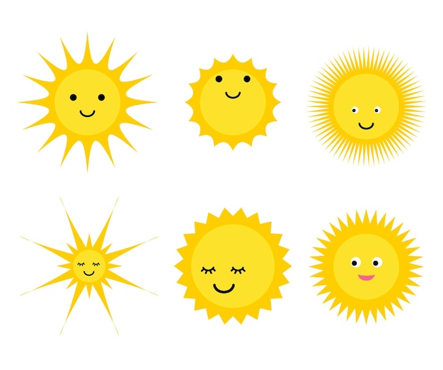 Happy cartoon zon ondergaan zonnige karakters schijnt felle zon zonlicht schattige kawaii zomer