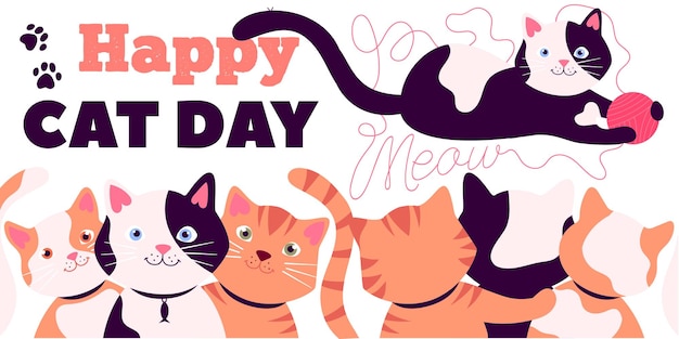 Happy cat day vector illustration for card, cartoon vector cats