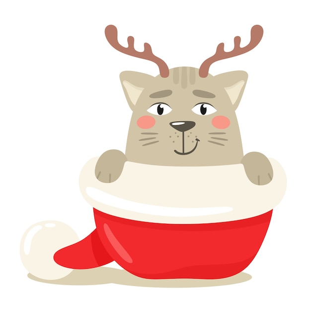 Gatto felice che si nasconde con corna di cervo di natale nel cappello di babbo natale. illustrazione in stile piatto.