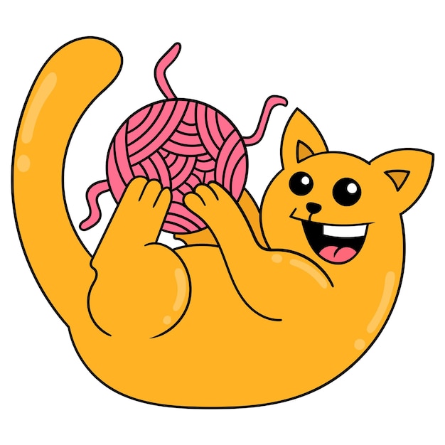 Happy cat playing with thread, vector illustration art. doodle icon image kawaii.