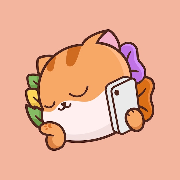 happy cat pose on phone cartoon