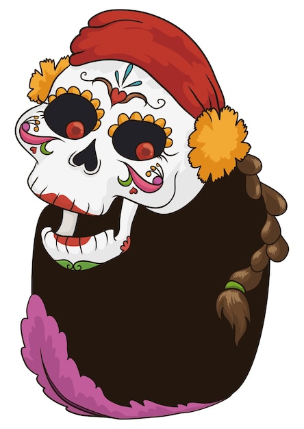 Happy Catrina character with bandana and marigold flower on its head braided hair an sign