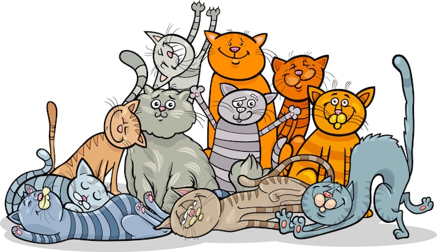 happy cats group cartoon illustration